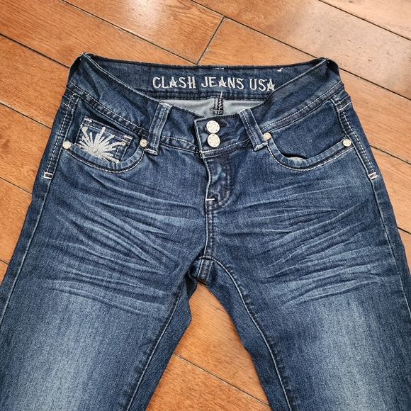 Y2K Clash Jeans USA Embellished Flare Blue Denim Sz 1 / XS McBling 2000s Grunge - Picture 4 of 12